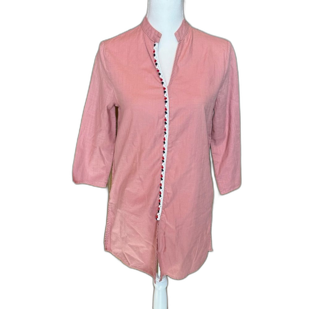 SHEIN Cotton Tunic Size 4 Popover Split Neck 3/4 Sleeve Pop Pom EUC